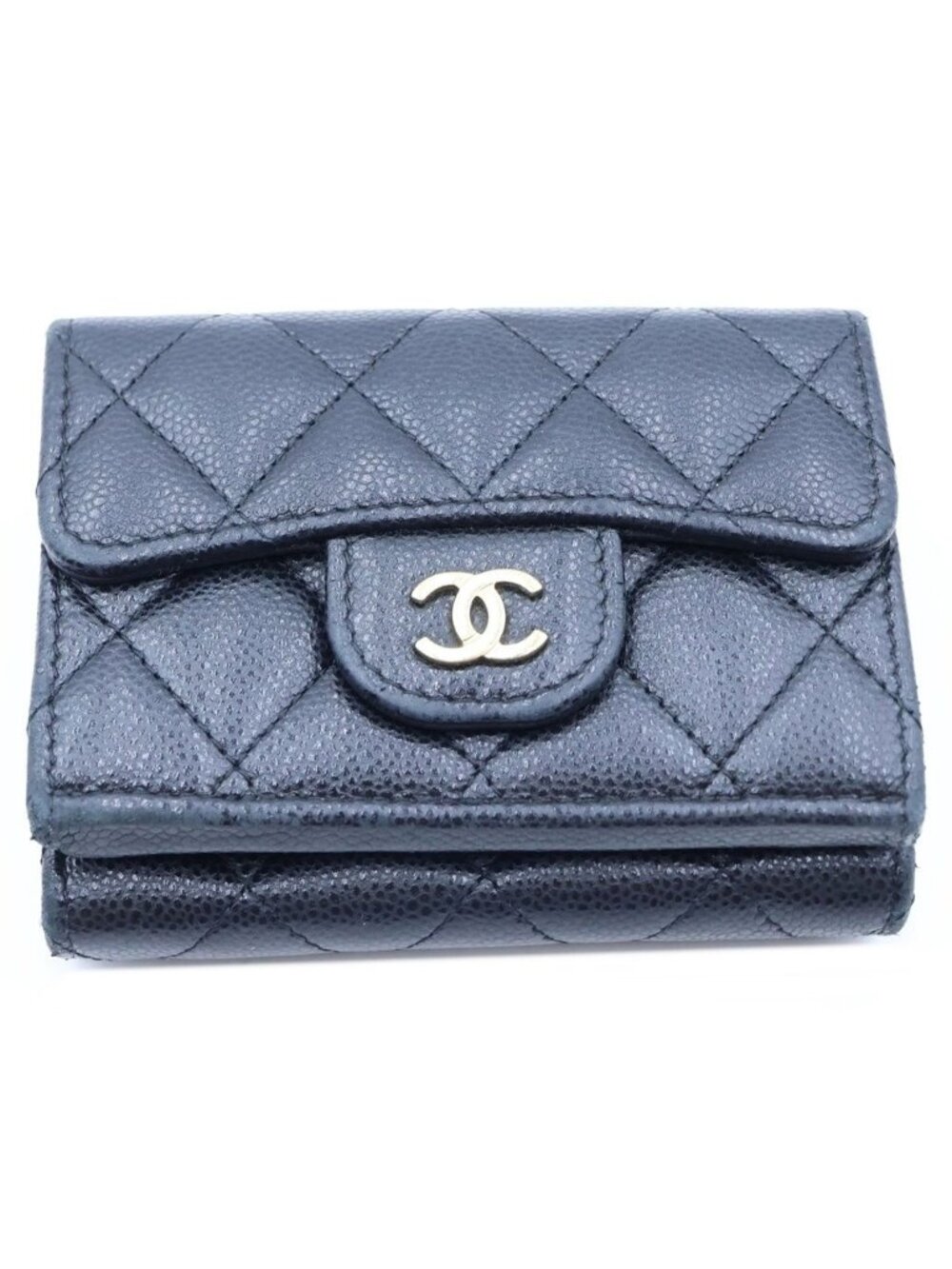Chanel Quilted Trifold Wallet Compact Coin Purse Black Caviar Leather Gold